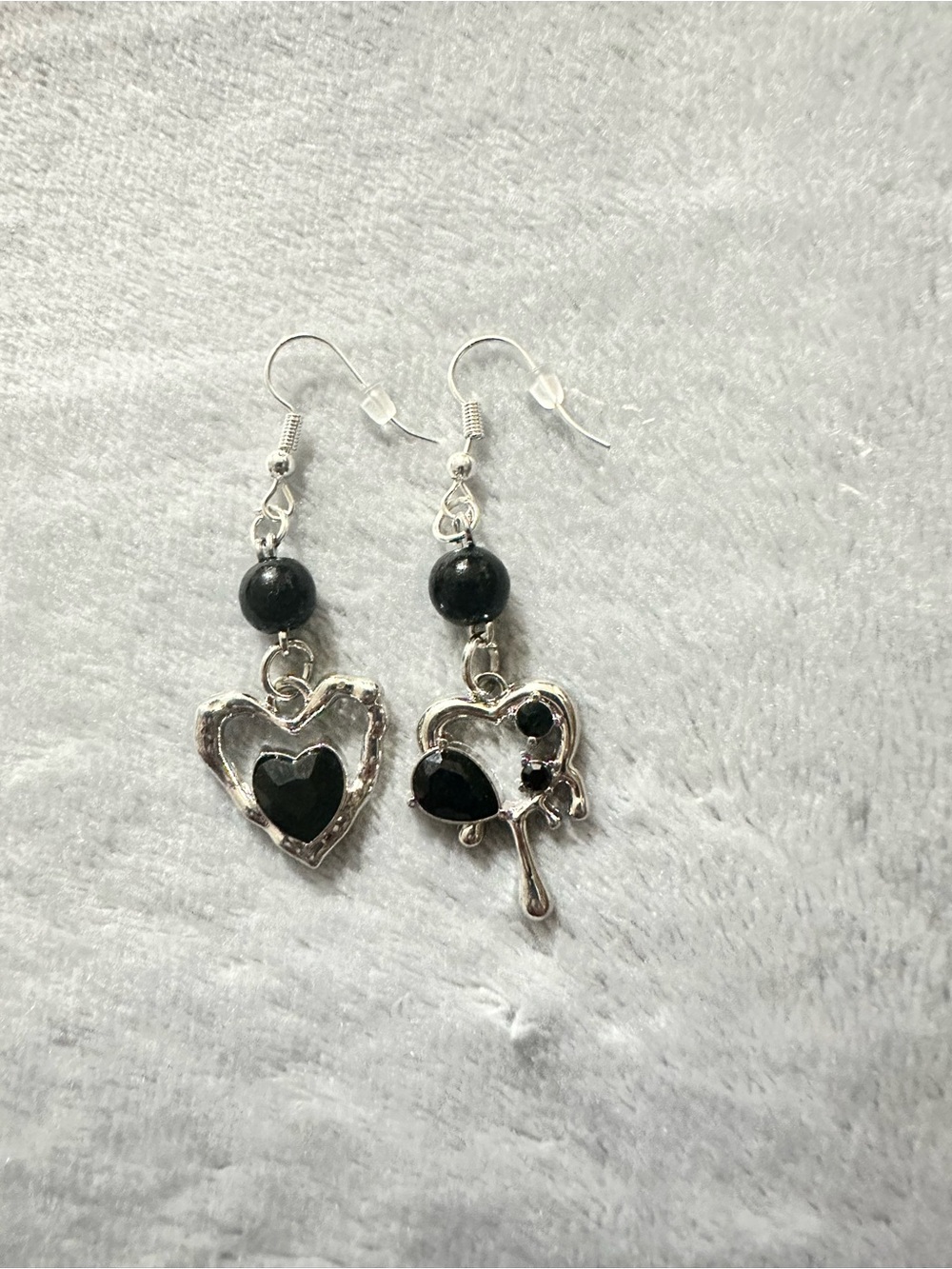 Silver Heart Drop Earrings with Black Accents - Women's Jewelry